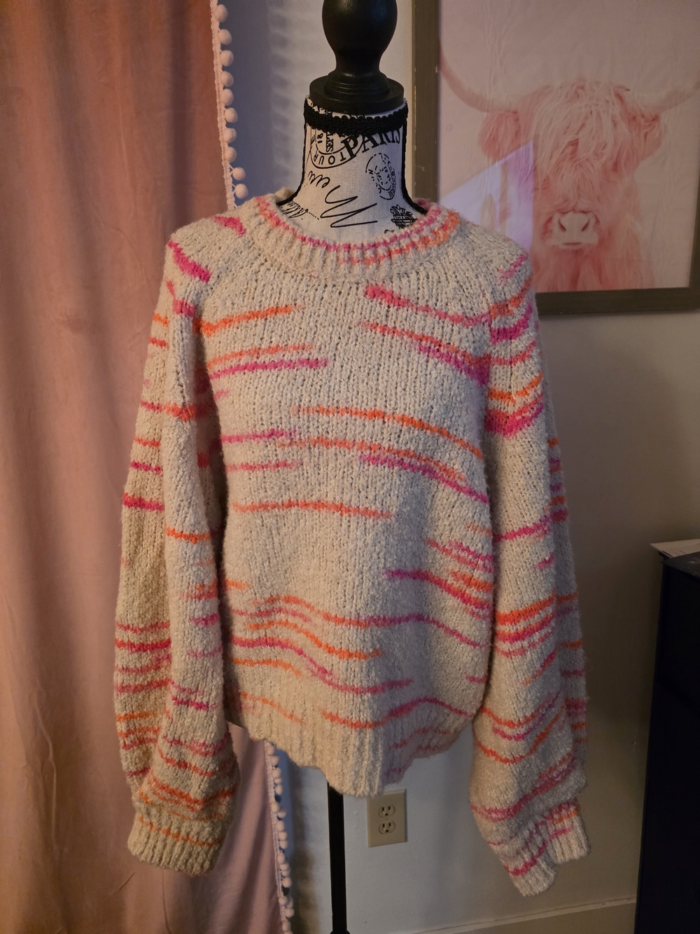 Pilcro Cream Crewneck Sweater with Pink & Orange Stripes